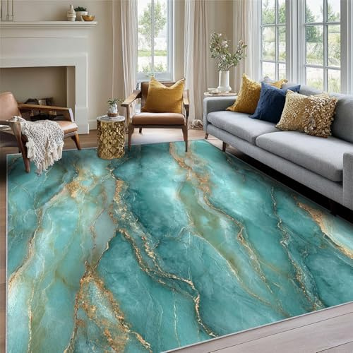 Generisch Teppich Türkis Wohnzimmer 100 x 150 cm Mit Marmor Optik Hellblau Gold Textured Muster, Türkis Schlafzimmer Deko Bettvorleger, Kurzflor rutschfest Waschbar Teppiche Gegend