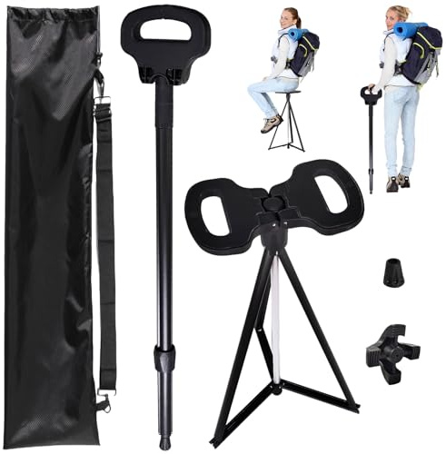Höhenverstellbarer Gehstock mit Sitz, Tragbarer Aluminium Gehstock Klappbar mit Rucksack-Aufbewahrungstasche,Dreieckiger Matte und Einbeiniger Matte,Geeignet für Erwachsene & Senioren Outdoor Reisen
