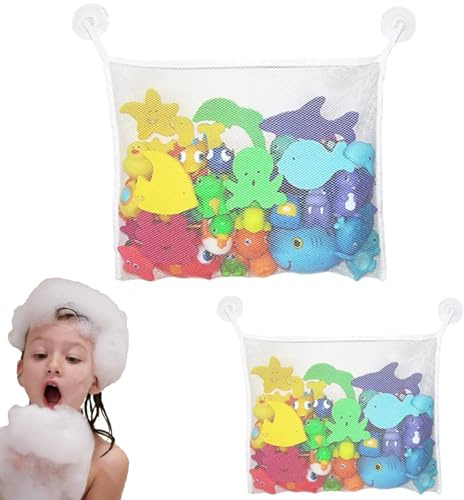 Bath Toy Storage, 2 Pcs Bath Toy Net, Bath Toy Organizer Bathroom Storage Net, With four Suction Cups For Baby, Keep Kids Bathtub Toys Dry & Bacteria Free (White)