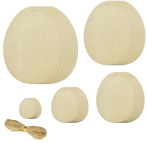 Holz-Eier, Rohlinge, Anhänger zum Anmalen DIY Ostereier mit Kordel Natur Osterdekoration Oster-Deko 4 Verschiedene Größen Flach 40 Stück