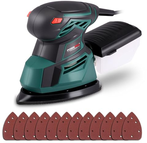 Ponceuses de Détail, POSENPRO 130W Ponceuse Electrique 13500 tr/min, Ponceuse Triangulaire avec Dépoussiéreur et 12 Abrasifs, Ponceuse Bois Parfaite pour les Bois et Acier