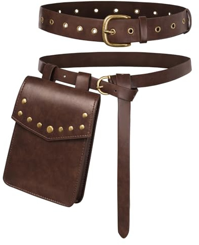 SCARLET DARKNESS Unisex Mittelalter Gürtel mit Taschen Steampunk Piratengürtel Vintage Hüfttasche PU-Leder Gürteltasche Schokoladenbraun XXL