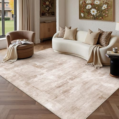 PureCozy Teppich Wohnzimmer 140x200cm Beige Braun Waschbar Kurzflor | Waschbarer Modern Abstrakter Groß Teppiche Gegend,Rutschfest Carpet,für Schlafzimmer,Esszimmer,Büro Carpet