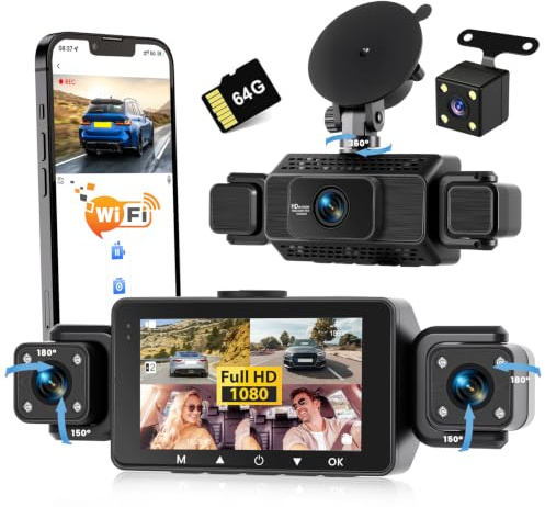 Realdio Dashcam 4 Canaux 1080P Avant et Arrière, WiFi, Grand Angle | Écran IPS 3 Pouces, Carte 64 Go, Vision Nocturne 8 LED IR, Capteur G et Enregistrement en Boucle pour Surveillance Routière