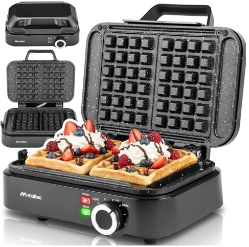 MalTec 2000W Doppelwaffeleisen, Waffeleisen, 2 große Waffeln | für Belgische Waffeln Stufenlose Temperaturregelung, Marmor-Antihaftbeschichtung, Kontrollleuchten, Kompakt