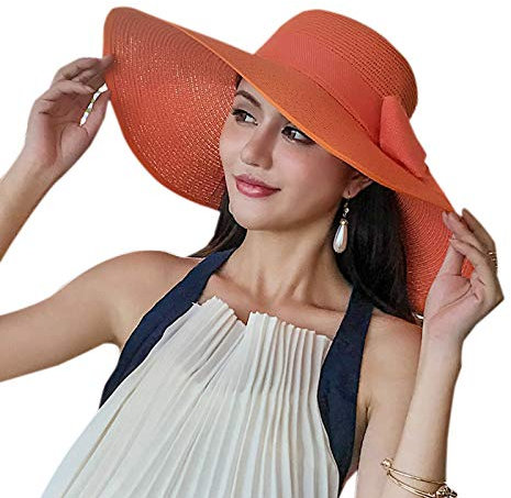 Elonglin Chapeau de Soleil en Paille à Bord Large pour Femme Capeline Pliable Décoration de Ruban pour Extérieur Plage Eté Anti-UV Respirant Orange