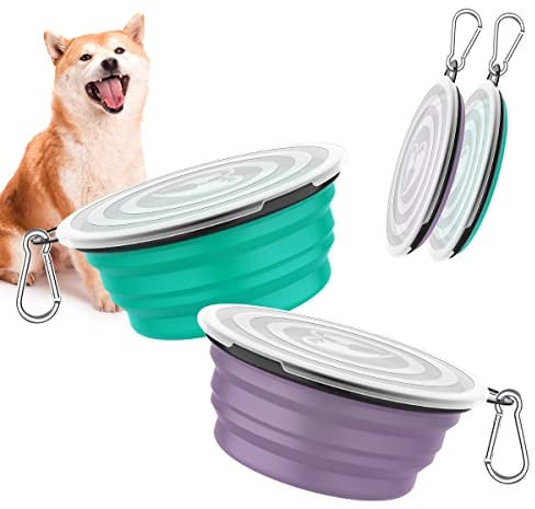 Pawaboo Faltbar Hundenapf, 2 Stück 450ml Hund Reisenäpfe Tragbar Silikon Auslaufsicher Trinknapf Fressnapf mit Deckel und Karabiner für Hunde Katzen Spaziergänge Unterwegs - Türkis + Lila