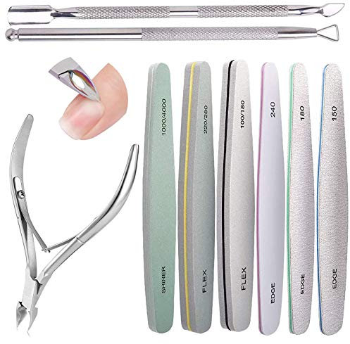 Nail Files, 6 Pcs Professional Nail File and Buffer Double Sided Emery Boards, Cuticle Nippers and Cuticle Pusher Manicure Tools Set for Gel Nail Art Fingernails Toenails (8)