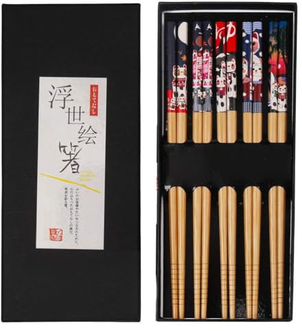 Baguettes Chinoises, 5 Paires Reutilisable Baguettes Japonaises en Bambou Chat Porte-bonheur Antidérapant Korean Chopsticks avec Boîte pour Riz Nouilles Zongzi (8.9 Inches)