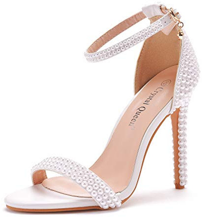 Crystal Queen Full Pearls Heels Sandalen Stiletto Heels Peep Toe High Heel Sandalen Pumps Schuhe für Braut Hochzeit Party Abend, Weiss/opulenter Garten, 40.5 EU