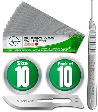 Surgical Scalpel Surgical Blades # 10 Stainless Steel Sterile Pack of 10 and Handle No 3 Perfect for wood art, Surgical, Sculpting, Repairs, Lab Anatomy, Sign, Card Making Lab Training SURGIGR10-10