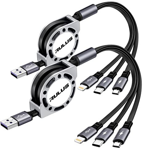 RULUS Lot de 2 câbles de charge multiples rétractables de 1,2 m, câble USB 3 en 1, cordon de charge rapide avec ports IP/Type C/Micro USB pour téléphones portables, IP, Samsung Galaxy, PS, tablettes