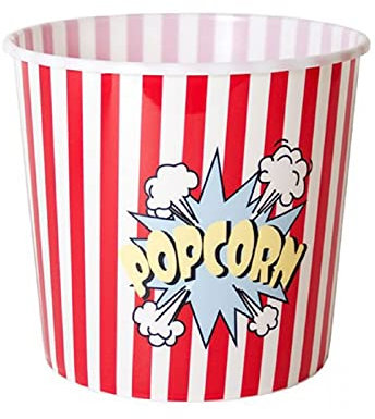 Tradineur - Cubo para palomitas redondo de plástico, diseño a rayas, popcorn, cine en casa - 24 x 21 cm - Rojo y blanco