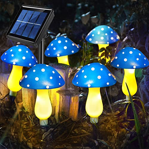 Abkshine Set mit 6 blauen Solar-Gartenleuchten, solarbetriebener Pilz-Pfahl-Lichter für Außendekoration, wasserdichte Garten-Ornamente für Hinterhof, Rasen, Weg, Landschaft, Zaun, Hof, Dekoration