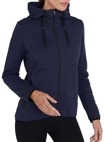 TCA Womens Revolution Tech Workout Thermal Running Hoodie Jacket with Zip Pockets and Thumbholes - Navy Marl, S
