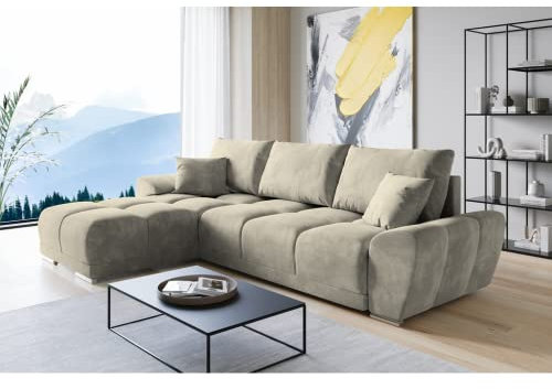ML Furniture Velvet Ecksofa in L-Form – Creme Sofa – Couch mit Stauraum und Kissen - Ausziehbares Schlafsofa – Sofa mit Schlaffunktion - Schlafsofa mit Bettkasten – Gästebett – 289 x 189 cm