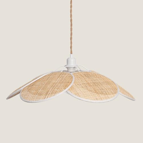 LEDKIA LIGHTING - Lampada a Sospensione Rattan | Design Naturale Intrecciato | E27 Compatibile | 6 Petali Rattan | Per Soggiorno, Cucina, Camera | 1500x600mm, Intrecciato Naturale, Metallo