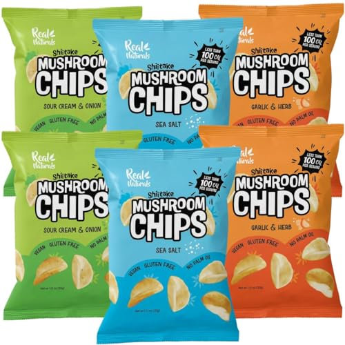 Shiitake Mushroom Chips - (6 pack) - Vegan Prawn Crackers, Less than 100 calories, Gluten Free mushroom snack. Variety pack - Sea Salt, Sour Cream & Onion, Garlic & Herbs flavour (6 pack)