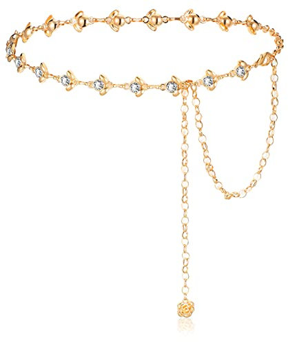 Kettengürtel für Frauen Langer Taillengürtel für Kleid Kristall Taillenkette Strass Breiter Damen Gürtel (Gold, 135 cm)