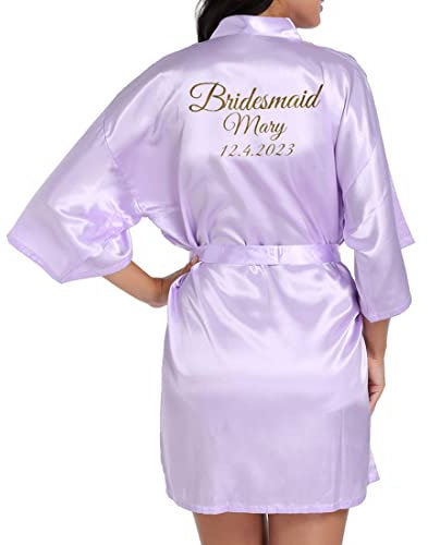 JazJoz Women's Personalised Glitter Writing Satin Robe Name Date Phrase Bride Bridesmaid Maid of Honour Wedding party Kimono