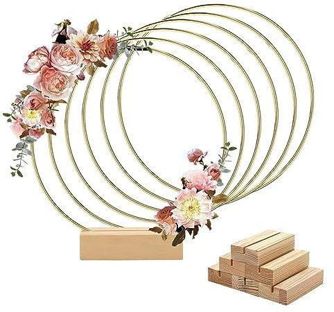 Worown 6 Stück 20 cm Metallringe zum Basteln, Metallring mit Fuß, Gold Metallringe mit 6 Stück Holzständern für DIY Hochzeits-Tisch-Dekorationen, Wandhängende Handwerke