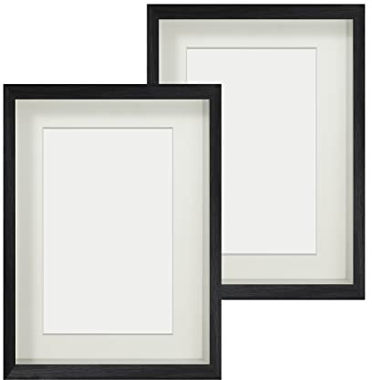 Anhow 2er 3D Bilderrahmen A4 (21x29.7 cm), Echtglas 3D Bilderrahmen zum Befüllen 3cm Tiefer Objektrahmen mit Beige Passepartout Passend für 15x20 cm Fotos - Schwarz