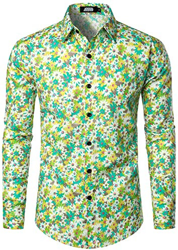 JOGAL Herren Regular Fit Floral Business Hemd Langarm Button Down Print Freizeithemd Grün Blume XXX-Large