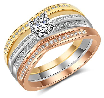 Frauen Verstellbare Ringe, Angstring, 3 In 1 Einfache Persönlichkeit Trend 3 Farbe Ring Set Kristall Mikro Set Zirkon Verlobung Hochzeit Schmuck Ringe Geschenk für Frauen (Größe : 10)