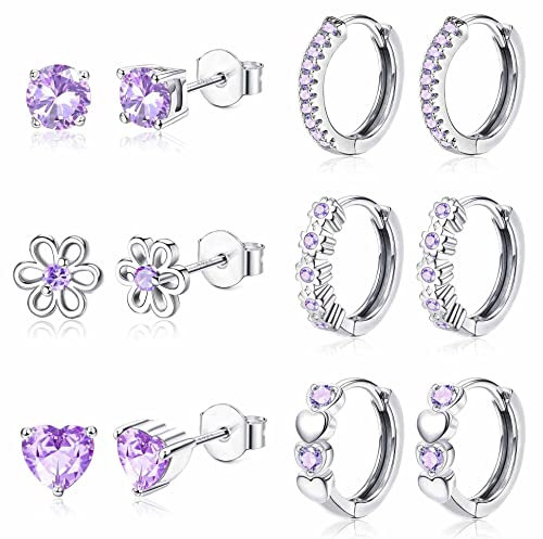 JeweBella 6 Paar Kleine Ohrringe Set für Damen Mädchen 925 Sterling Silber Pin Hypoallergen Sleeper Knorpel Ohrstecker Blume Herz Creolen Rosa Lila Blau Ohrringe Set für Kinder Frauen