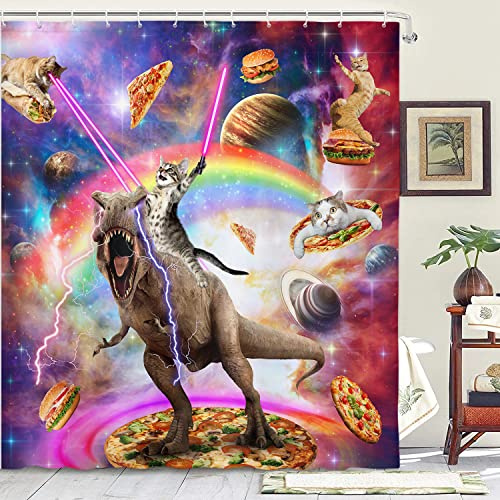 Lustiger Katzen-Duschvorhang, Coole Katze reitet Dinosaurier auf Fantasy-Galaxie, Weltraum-Duschvorhang, niedliches lustiges Anime-Gewebe für Jungen und Mädchen, Duschvorhang für Badezimmer mit 12
