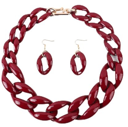 MUWIZ Acryl große dicke Kette Choker Halskette für Frauen Harz Gliederkette Halsband Halskette Set (Größe: 50 cm, Farbe: Weinrot)