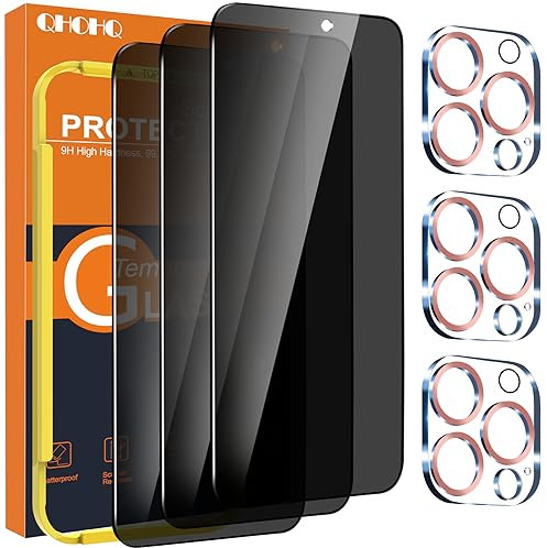 QHOHQ 3 Stück Sichtschutz für iPhone 15 Pro Max 6,7 Zoll mit 3 Stück Kameraschutz, Anti-Spähen Panzer Schutz Glas, HD Blickschutzfolie, 9H Härte, Anti-Kratzer, Bläschenfrei-Roségold