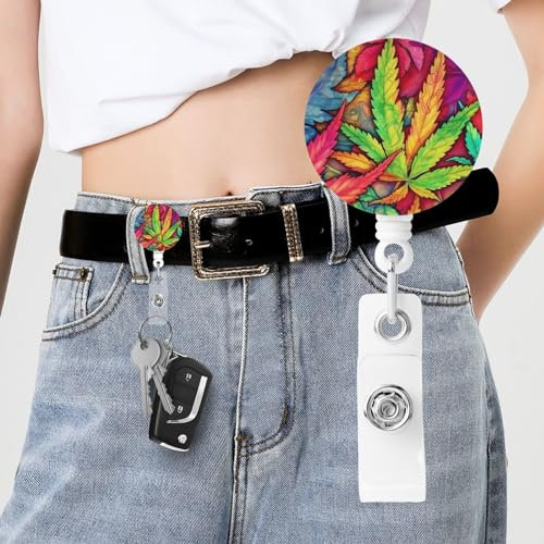 Mehrfarbige Blatt Weed Art einziehbare Abzeichenrolle Niedliche Krankenschwester Abzeichenhalter mit Krokodilklemme Name Dekorative Abzeichen Rollen Badge Clip ID Kartenhalter