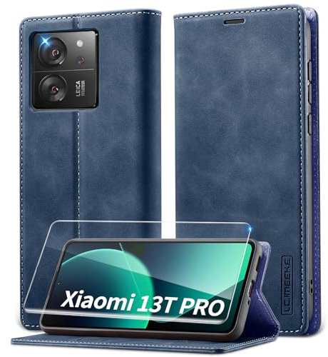 Lanhiem Coque Xiaomi 13T, Coque Xiaomi 13T Pro avec Verre Trempé, Etui en Cuir PU Premium, RFID Protection Portefeuille Housse pour Xiaomi 13T/Xiaomi 13T Pro Étui, Bleu