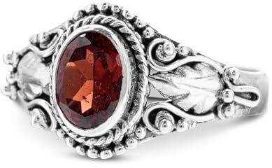 Windalf Bohemia Ring ASAHA 12 mm Echte Granatsteine mit Elfenblätter Ornamentik Vintage Handarbeit 925 Sterlingsilber (Sterlingsilber, 58)