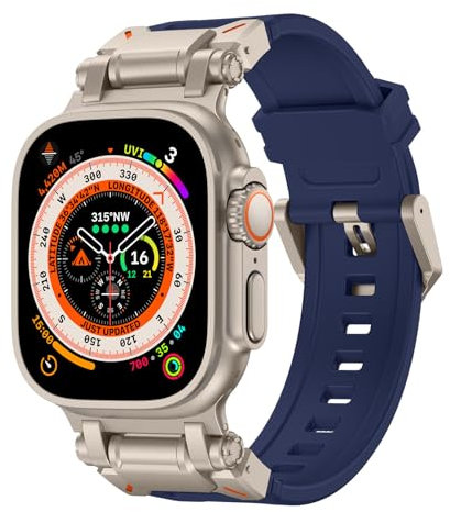 Sports Band for Apple Watch Ultra 2/Ultra bracelets 49mm 45mm 44mm 42mm for men, Durable Silicone Band with Metal Connector IWatch Ultra 9 8 7 6 5 4 3 SE(Titanium Adapter-Blue)