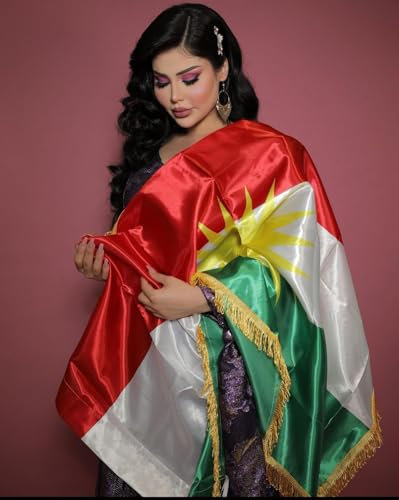 HaniHani® Premium Kurdistan Bandiera 150 x 90 cm, con frange dorate e sole, bandiera patriottica in tessuto per decorazioni, celebrazioni ed eventi, bandiera nazionale