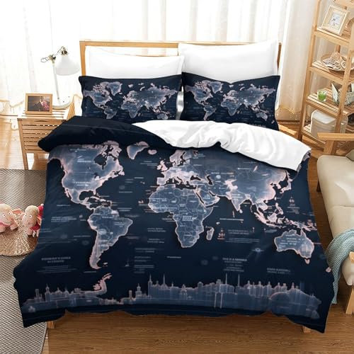 VesFy Weltkarte Bettwäsche 3D Druck Kinder Jungen Kinderbett Bettbezug Set Microfaser Mit Kopfkissenbezug Reißverschluss 3 Teilig Single（240x200cm）