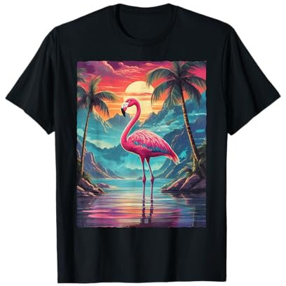 Tropischer Flamingo und Palmen Strand Urlaub T-Shirt
