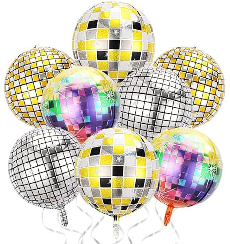 Wenweo 8 große Stücke Discokugel Deko, Disco Deko Helium Balloon, Disco Folienballon,für Deko Geburtstag, Einschulung und Schulanfang Deko, Diverse Party Deko(Stil 4)