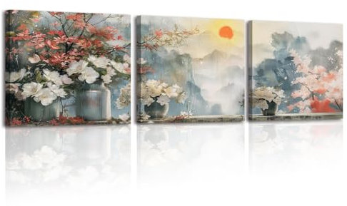 Piy Painting Landschaftsbild Natur Bild auf Leinwand, Sonnenaufgang Leinwandbilder Gemälde, Elegante Blumen Wanddekoration Bilder mit eingebautem Holzrahmen für Wohnzimmer Büro 3 Teiliges 30x30cm
