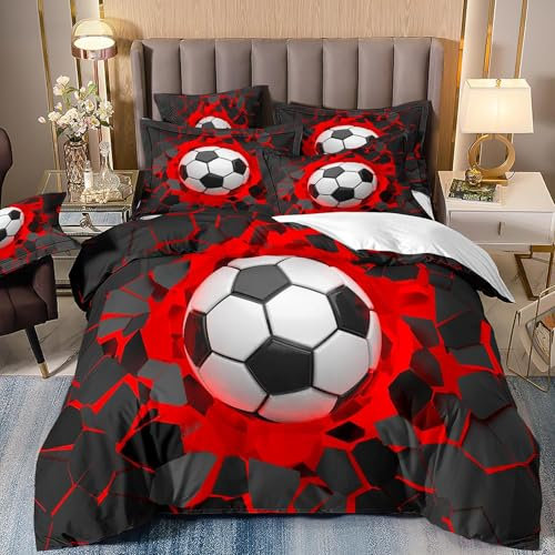 Tabeskly Fußball BettwäSche Jungen Kinder Bed Duvet Cover Bedding Set schwarz Rot 135×200cm