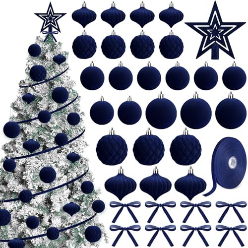 Hollowfly 27 Pcs Velvet Christmas Tree Ornaments Set Velvet Christmas Balls with Velvet Star Tree Topper Velvet Ribbon 3/8inch Xmas Decorative Hanging Ornaments for Xmas Party Yard Decors(Navy Blue)