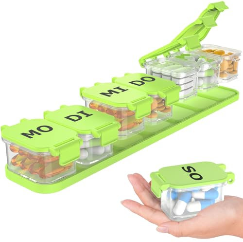 Tablettenbox 7 Tage, Abnehmbar Extra Große Pillendose 7 Fächer Medikamentenbox mit Großen Fächern für Vitamine, Fischöl und Medikamente, Tabletten Wochenbox Leicht Zu Öffnen Pillenbox 7 Tage (Grüner)