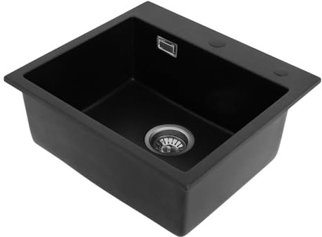 Fregadero de cocina de piedra de cuarzo rectangular con escurridor, tubo de desagüe para cocina para fregadero y encimera de cocina (negro, 50 x 45 cm)