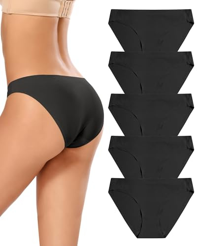 Voenxe Seamless Knickers for Women,Black No Vpl Show Underwear Multipack, Invisible Ladies Bikini Brief Pants,Microfibre Panties,Breathable Stretch Sport Undies,Soft Comfortable Woman Underpant,5-Pack