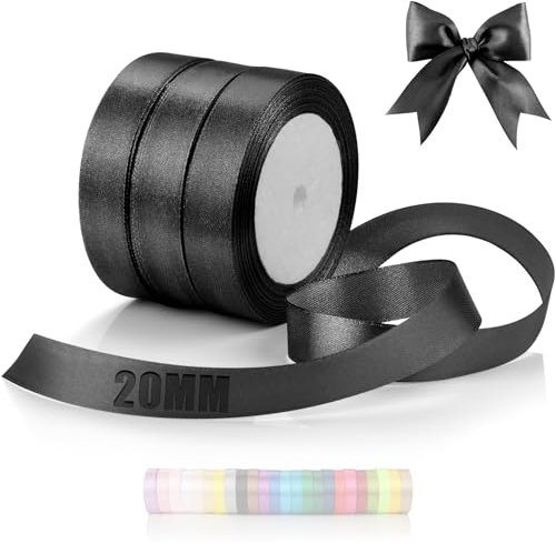 TXXATX 66m Schleifenband Schwarz Satinband Deko Geschenkband Breit 20mm Geschenkbänder Schwarz Ribbon Band Hochzeit Stoff Geschenk Band für Taufe Geburtstag Valentinstag Weihnachtstischdeko