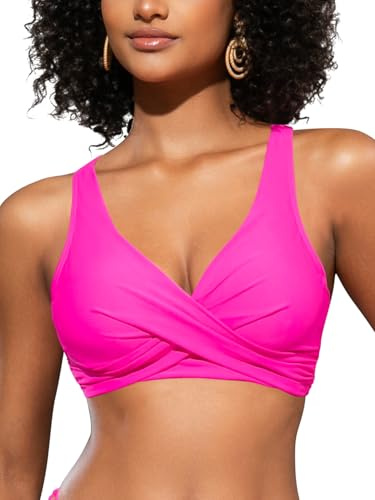SHEKINI Women's Bikini Tops V Neck Criss Cross Push Up Big Bust Wired Swimwear Top Tie Back Swim Top for Women UK Bikini Top Only, Fluorescent Pink, S