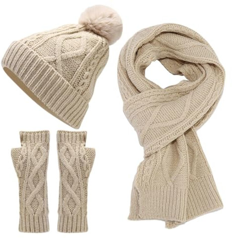 LIANGTUOHAI Kaschmir-Seide, Schal, Mütze, Set für Teenager, Mädchen, Damen und Herren, Herbst, Winter, warm, Wolle, Hut, Schal, 3-teilig, beige, One size