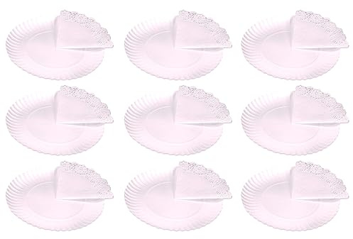AC - Pack de 9 bandejas Redondas con blonda - Cartón y Papel - Especial para Fiestas, presentación de postres - Material reciclable - Ø 38 cm - Color Blanco